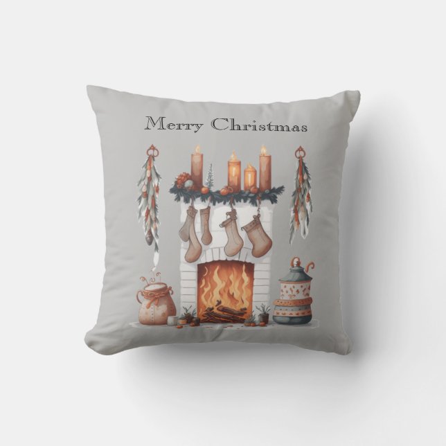Festive fireplace Quote Merry Christmas Throw Pillow (Front)