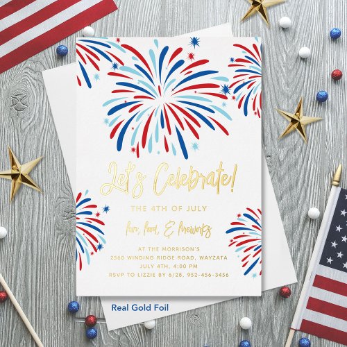 Festive Fireworks Festive July 4th Party Real Gold Foil Invitation