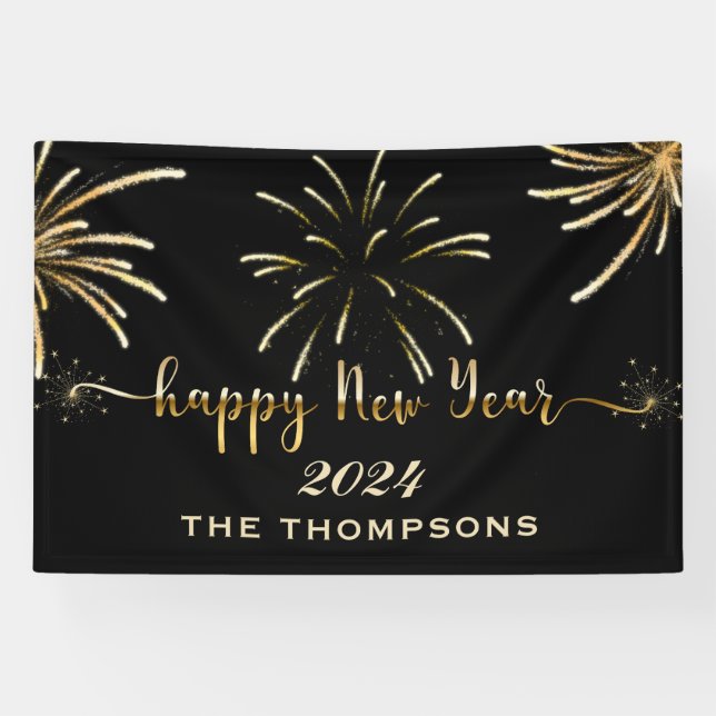 Festive Fireworks Happy New Year Black and Gold Banner (Horizontal)