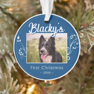 Festive First Christmas Puppy Foliage Blue Photo Ornament
