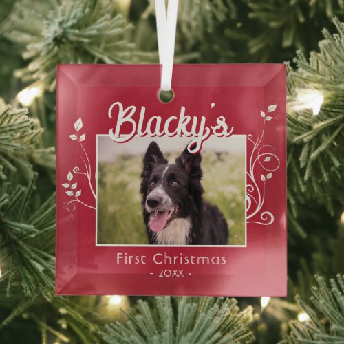 Festive First Christmas Puppy Foliage Red Photo  Glass Ornament