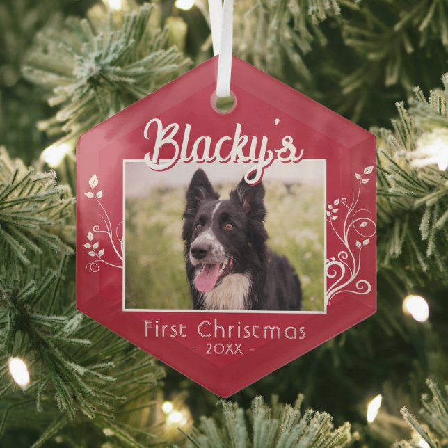 Festive First Christmas Puppy Foliage Red Photo Glass Ornament (Insitu)