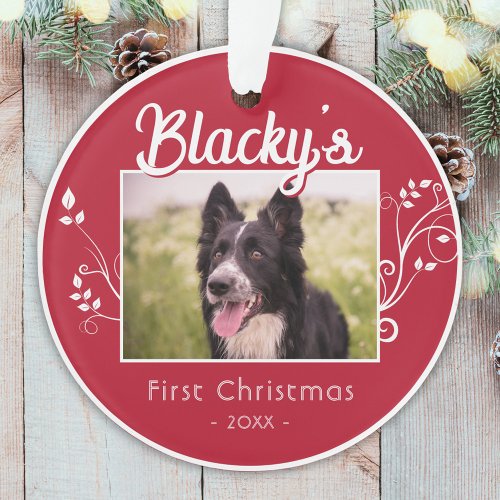 Festive First Christmas Puppy Foliage Red Photo  Ornament