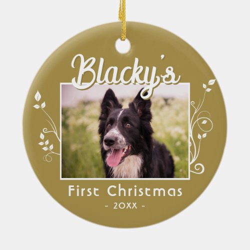 Festive First Christmas Puppy Name Foliage Photo  Ceramic Ornament