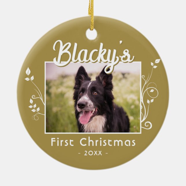Festive First Christmas Puppy Name Foliage Photo  Ceramic Ornament (Back)