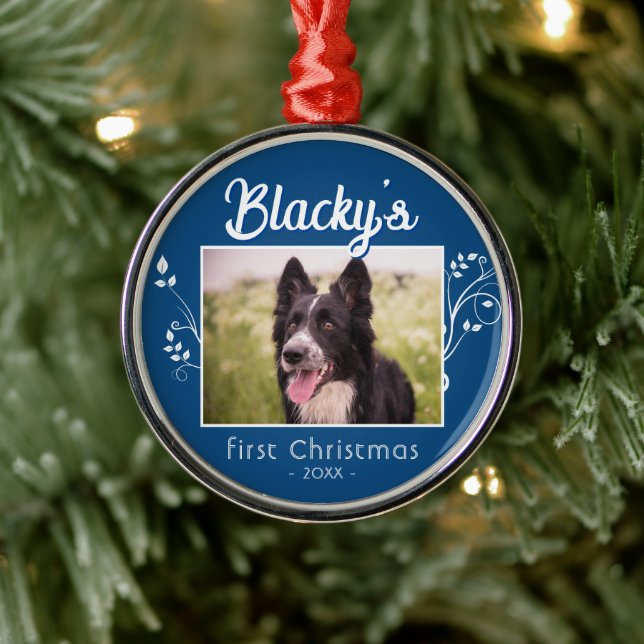 Festive First Christmas Puppy Photo Foliage Blue  Metal Ornament (Tree)