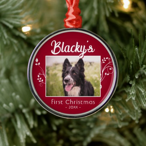 Festive First Christmas Puppy Photo Foliage Red Metal Ornament