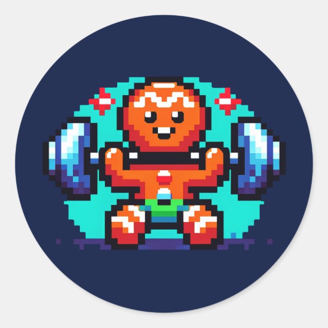 Festive Fitness Gingerbread Retro 8-Bit Christmas Classic Round Sticker (Front)