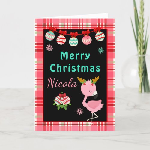 Festive Flamingo Merry Christmas with Name Holiday Card