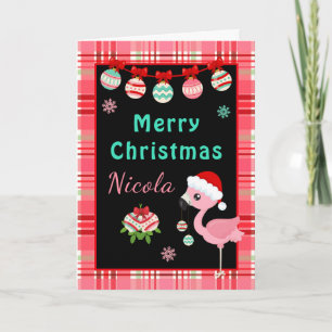 Festive Flamingo Merry Christmas with Name Holiday Card