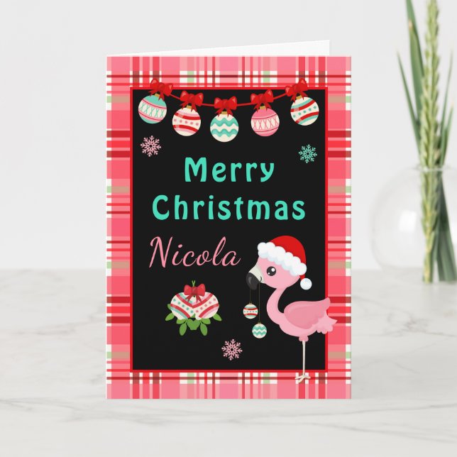 Festive Flamingo Merry Christmas with Name Holiday Card (Front)