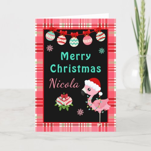 Festive Flamingo Merry Christmas with Name Holiday Card