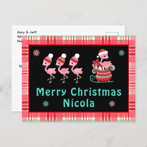 Festive Flamingo Merry Christmas with Name Holiday Postcard