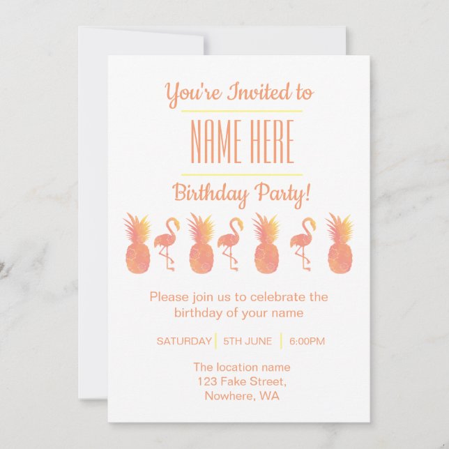 Festive Flamingo & Pineapple Birthday Invitation (Front)