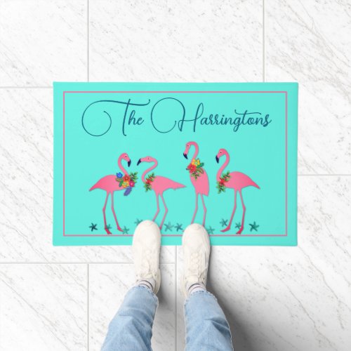 Festive Flamingos Family Name Front Door Mat