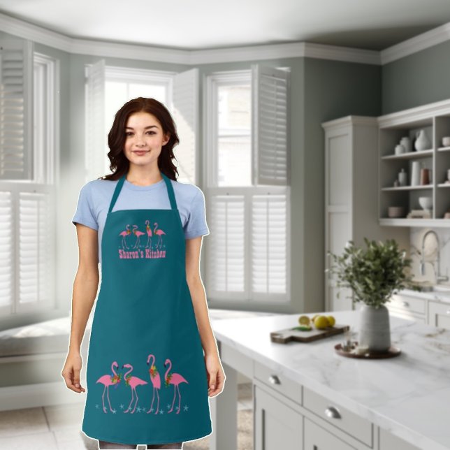 Festive Flamingos Personalized Dark Teal Apron (Creator Uploaded)