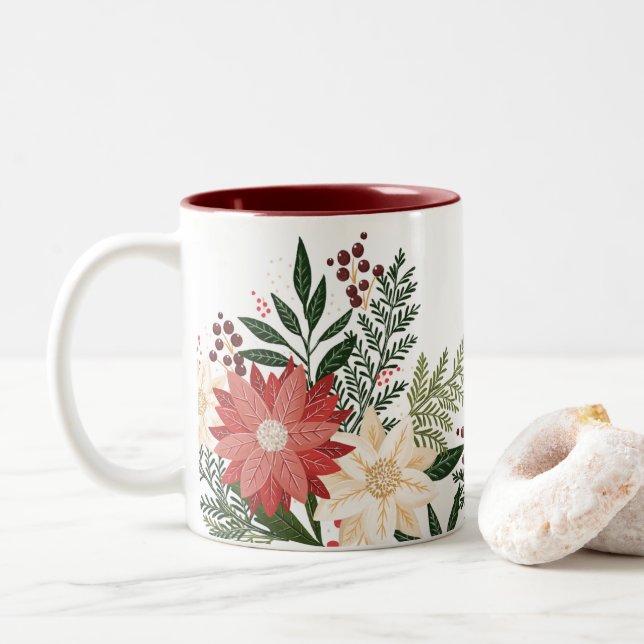 festive flora botanical elegant christmas splendor Two-Tone coffee mug (With Donut)