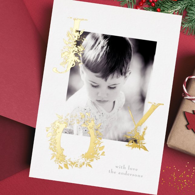 Festive Floral Alphabet Gold JOY Photo Foil Holiday Card (Creator Uploaded)