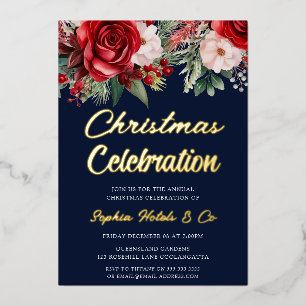 Festive Floral Christmas Celebration Navy Golden Foil Invitation