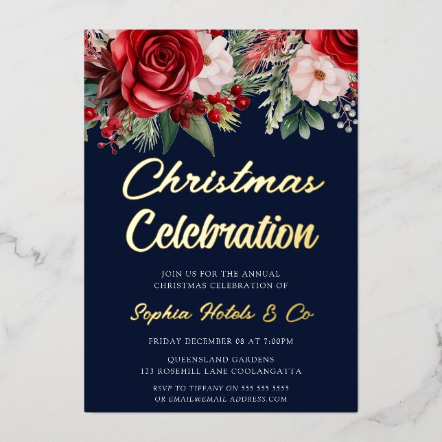 Festive Floral Christmas Celebration Navy Golden Foil Invitation (Front)