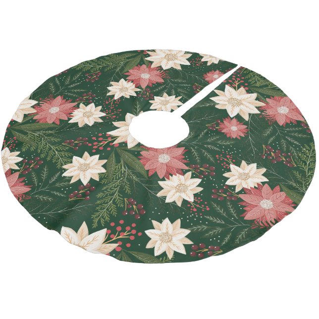 Festive Floral Christmas Poinsettia, Pine & Berry Brushed Polyester Tree Skirt (Angled)