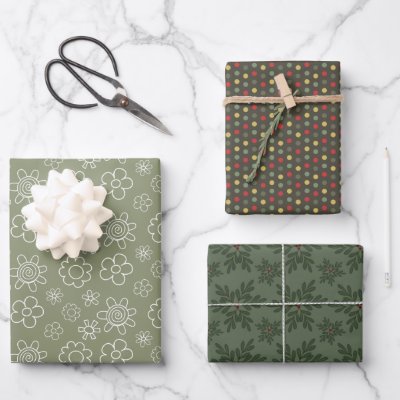 Festive Floral, Dots and Leaves - Wrapping Paper Sheets