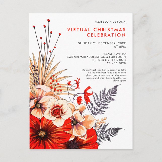 Festive Floral Foliage Berries Red Cream Christmas Invitation Postcard (Front)