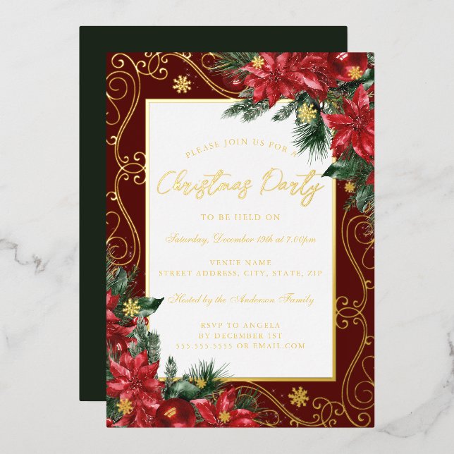 Festive Floral Frame Christmas Party Foil Invitation (Front/Back)