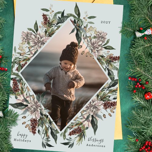 Festive Floral Geometric Frame Holiday Photo Card