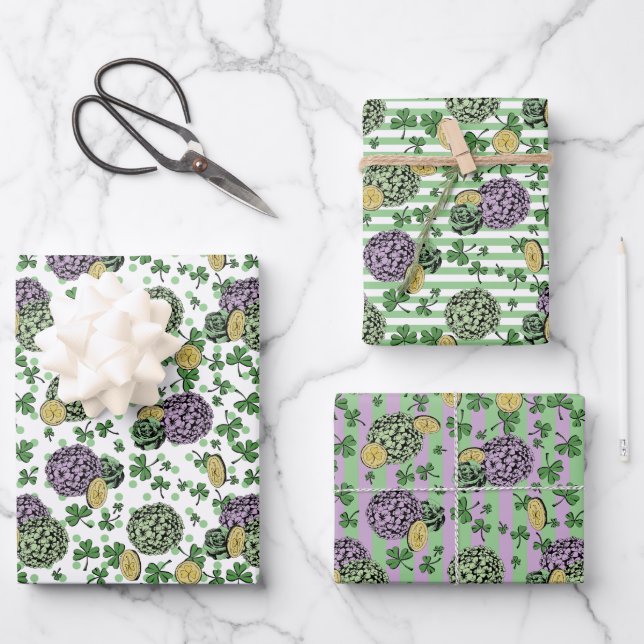 Festive Floral Green Clovers Coins St Patricks Day Wrapping Paper Sheets (Front)