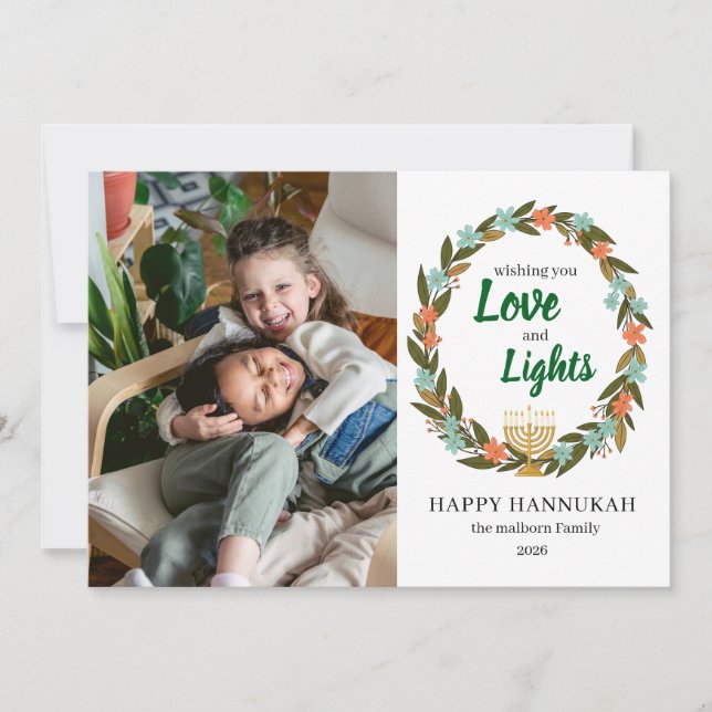 Festive Floral Hanukkah Photo Holiday Card (Front)