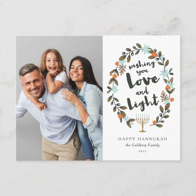 Festive Floral Hanukkah Photo Holiday Postcard (Front)