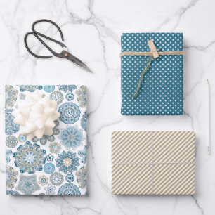 Festive Floral Mandala Snow Flakes Pattern Wrapping Paper Sheets
