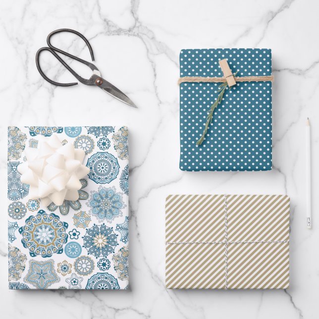 Festive Floral Mandala Snow Flakes Pattern Wrapping Paper Sheets (Front)