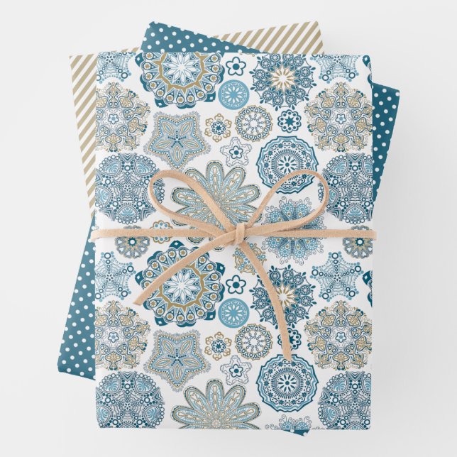 Festive Floral Mandala Snow Flakes Pattern Wrapping Paper Sheets (In situ)