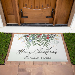 Festive Floral Merry Christmas Doormat
