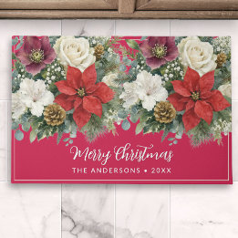 Festive Floral Red Personalized Name Doormat