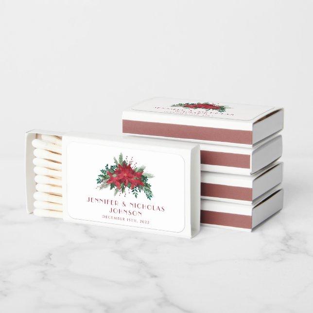 Festive Floral Red Poinsettia Christmas Wedding Matchboxes (Stacked)