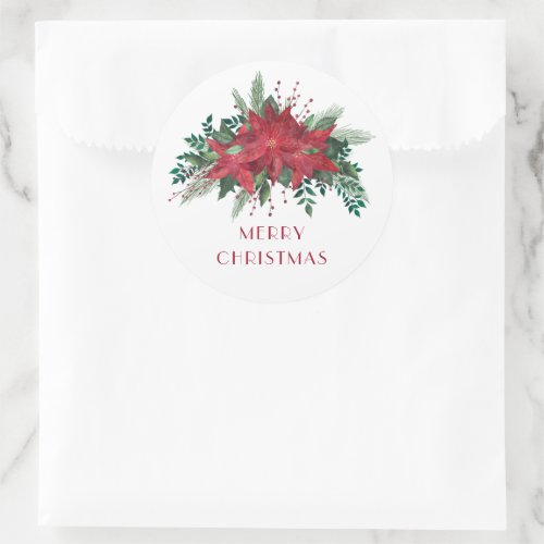 Festive Floral Red Poinsettia Merry Christmas Classic Round Sticker