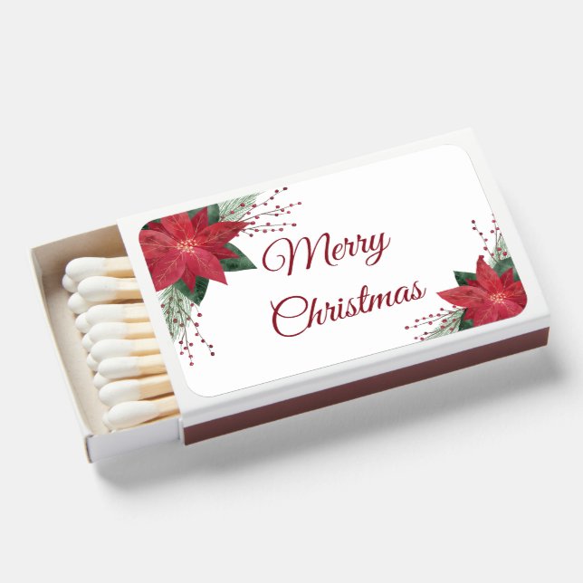 Festive Floral Red Poinsettia Merry Christmas Matchboxes (Front Open)
