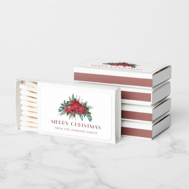 Festive Floral Red Poinsettia Merry Christmas  Matchboxes (Stacked)