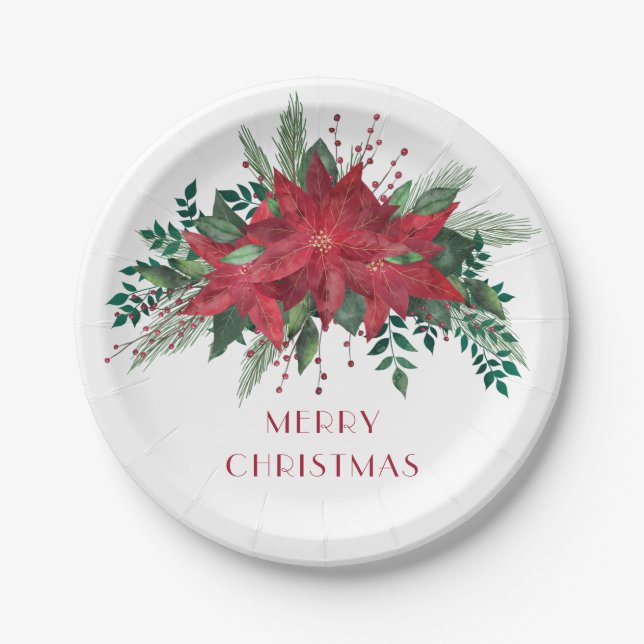 Festive Floral Red Poinsettia Merry Christmas Paper Plates (Front)