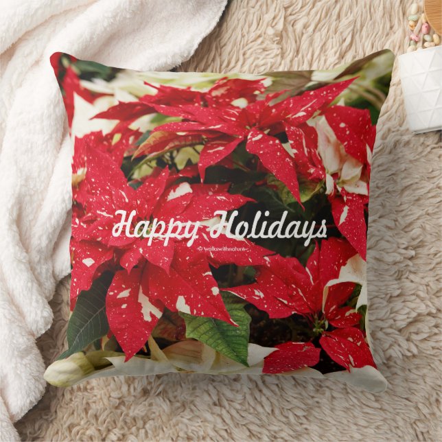 Festive Floral Red White Poinsettias Leaves Throw Pillow (Blanket)