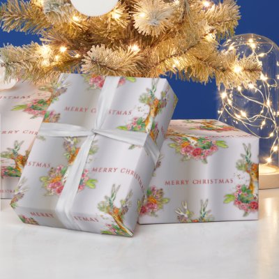 Festive Floral Reindeer on Silver Merry Christmas