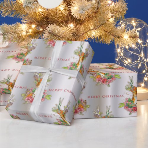 Festive Floral Reindeer on Silver Merry Christmas