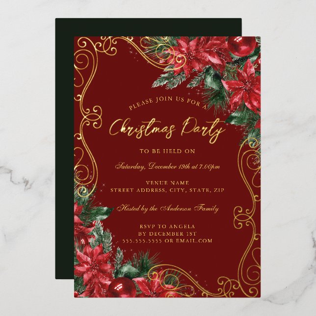 Festive Floral Swirl Red Green Christmas Party Foil Invitation (Front/Back)