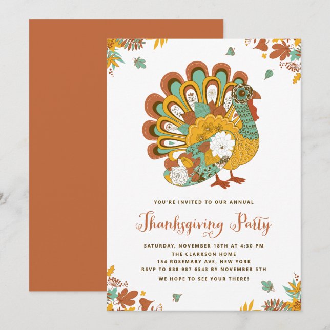 Festive Floral Turkey Thanksgiving Party Invitation (Front/Back)