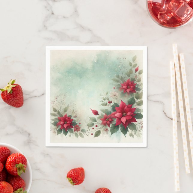Festive Floral Wash Border Poinsettia Découpage Napkins (Insitu)