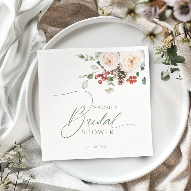 Festive Floral Winter Holiday Bridal Shower  Napkins (Festive Floral Winter Holiday Bridal Shower Napkins)