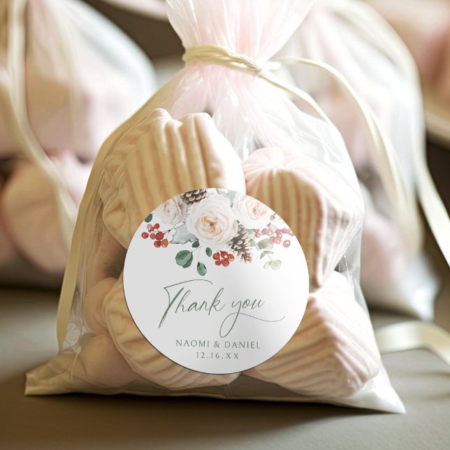 Festive Floral Winter Wedding thank you favors Classic Round Sticker (Festive Floral Winter Wedding thank you favors Classic Round Sticker)